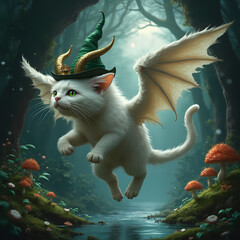 A white cat with an enchanted crown in a magical cave, above a forest of emerald flowers and sparkling mushrooms 
