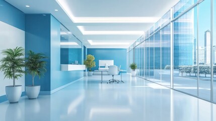 Modern Office Interior with Blue Walls and Glass Windows