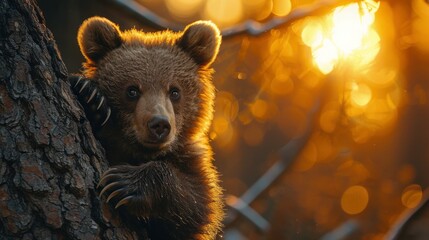 Winter Forest Sunset: Brown Bear Cub Climbing Pine Tree in Natural Habitat 