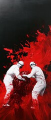 Two figures in protective gear engage with vivid red splashes in an expressive artistic composition.