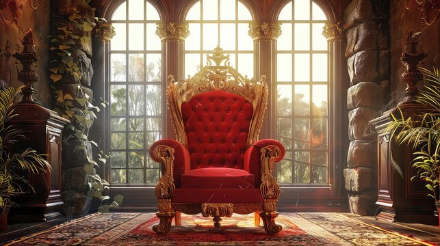 A majestic golden throne with red velvet upholstery sits in a sunlit room with large windows and ornate columns.