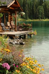 Naklejka premium Rustic Log Cabin with Deck Overlooking Serene Lake and Lush Greenery