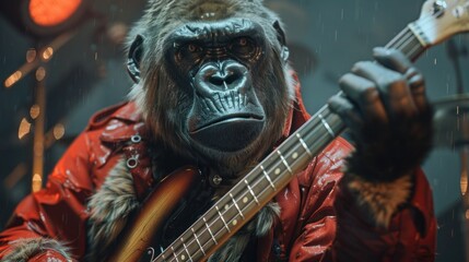 Groovy Gorilla: A Brown Primate Playing the Bass Guitar with Realistic Fur, Hair, and Green Screen K Animation