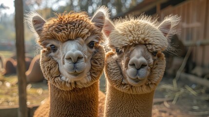 Obraz premium Alpaca Friends: A Realistic Portrait of a Smiling Alpaca Couple, Perfect for Animal Lovers and Funny Animal Concept Designs