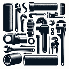 Fototapeta premium plumbing-related tools and elements, such as a pipe wrench, PVC pipe, and a pipe cutter shilouette