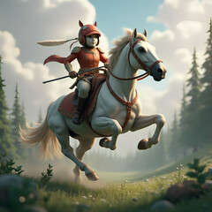 3D fantasy animal with white nose and feathers, with red and white helmet with Swift Out sign, against gray clouds, river and green forest 