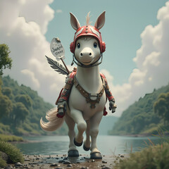 3D fantasy animal with white nose and feathers, with red and white helmet with Swift Out sign, against gray clouds, river and green forest 