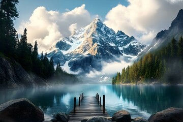 majestic mountain peak, peaks adorned with snow and surrounded by dense forests, rock and water
