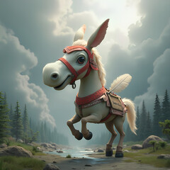 3D fantasy animal with white nose and feathers, with red and white helmet with Swift Out sign, against gray clouds, river and green forest 