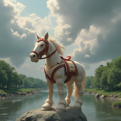 3D fantasy animal with white nose and feathers, with red and white helmet with Swift Out sign, against gray clouds, river and green forest 