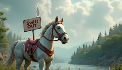 3D fantasy animal with white nose and feathers, with red and white helmet with Swift Out sign, against gray clouds, river and green forest 