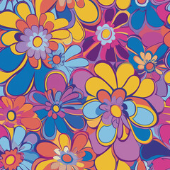 Groovy 1960s style hippie floral seamless pattern in bright pinks, yellows and blue