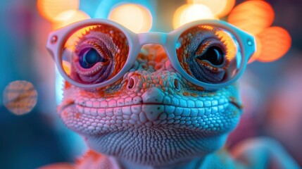 Summer Vibes: Pastel Background with Cute Funny Lizard Wearing Sunglasses and Eye Protection Goggles, Woman with Beauty Mask, Boy and People Having Fun with Crazy Fashion