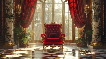 A regal throne chair with red velvet upholstery and ornate golden accents stands in a grand room with tall windows, plush red curtains, and a marble floor.