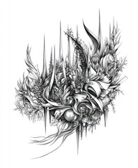 A detailed monochromatic illustration featuring abstract organic forms and intricate designs.
