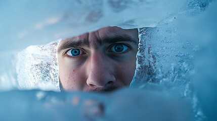 Climate change, warming, melting glaciers, rising sea levels, ice water, Human environment, Big Square ice, A man looks worried inside, face, person, hair, people, beard, boy,  smiling, handsome, seri