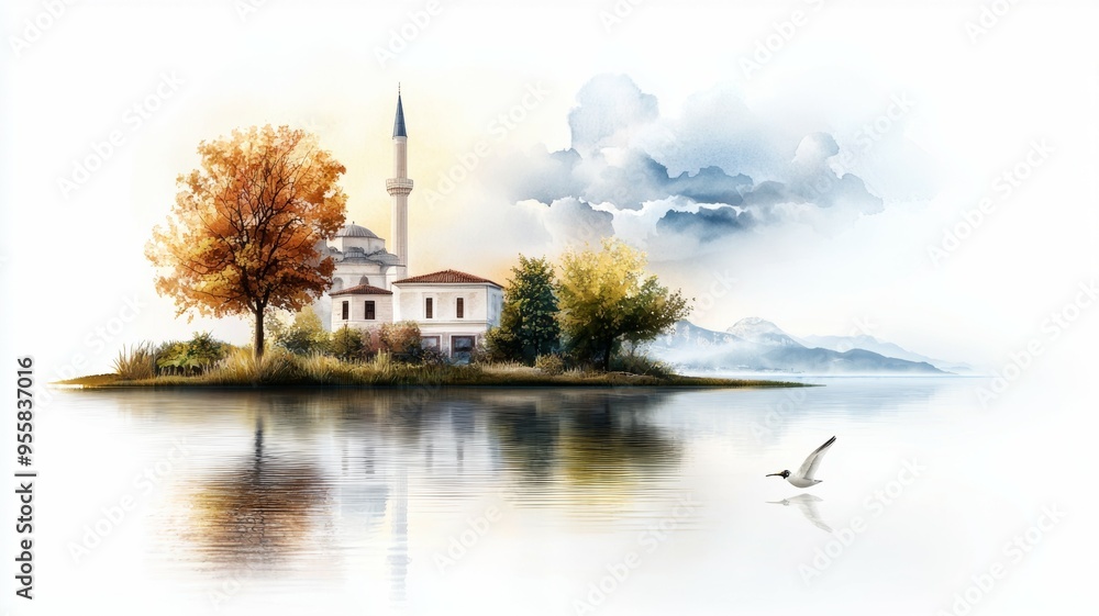 Poster a small island with a tree and a house in the background