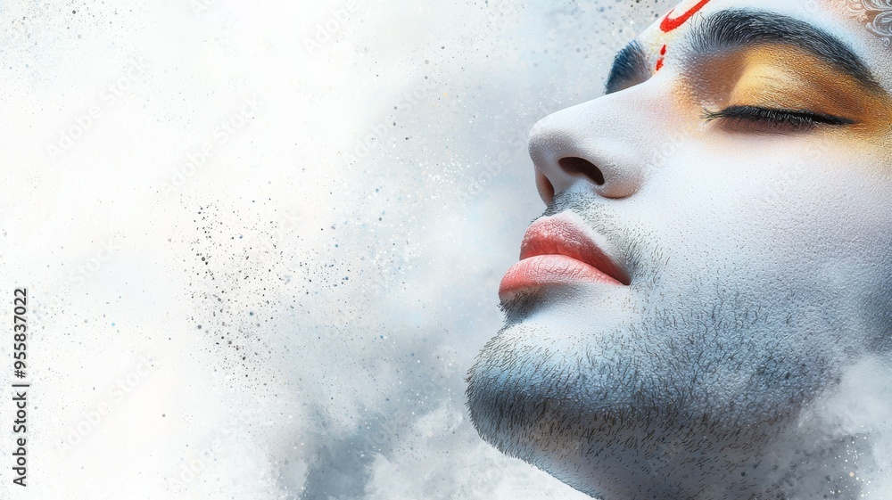 Poster a man with a beard and a white face with red dots on it