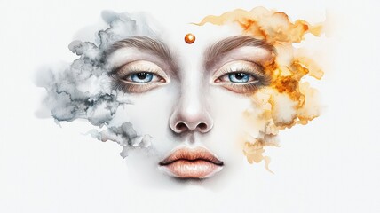 A woman's face is painted with a cloud of smoke and a red symbol on her forehead