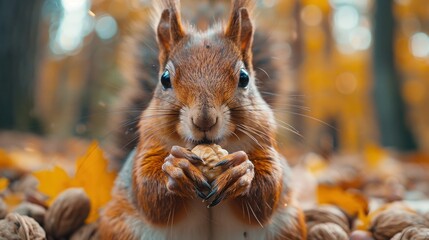 Funny Red Squirrel Eating Nut in Natural Forest Habitat - Close-Up Shot of Brown Fluffy Mammal in Slow Motion Outdoors