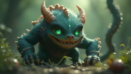 Lifelike 3D fantasy animal with a stylized smile, twisted armor and fiery emerald eyes in a fantasy world of mystical creatures (38)