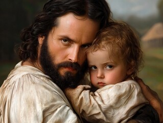 Fototapeta premium Compassionate embrace: Jesus Christ tenderly holding a child in His arms, symbolizing divine love and protection, highlighting the nurturing and caring aspect of His role as a shepherd and savior.