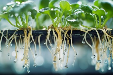 Hydroponic Greens: Close-up view of vibrant, healthy hydroponically grown plants with their roots visible, showcasing the intricate network and water droplets.  