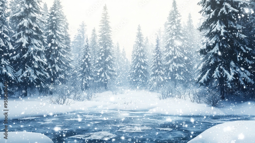 Sticker Snow Covered Forest River Winter Wonderland