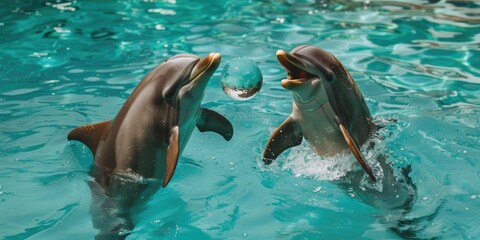 Obraz premium Two dolphins frolicking with a sphere in turquoise ocean