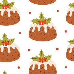 Seamless pattern with Christmas cake and berries