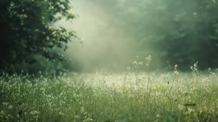 Misty Meadow with Dewy Grass and Flowers