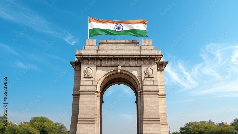 Poster a large archway with a flag flying above it