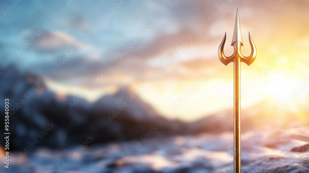 Poster a golden sword with a pointed tip is standing in the snow