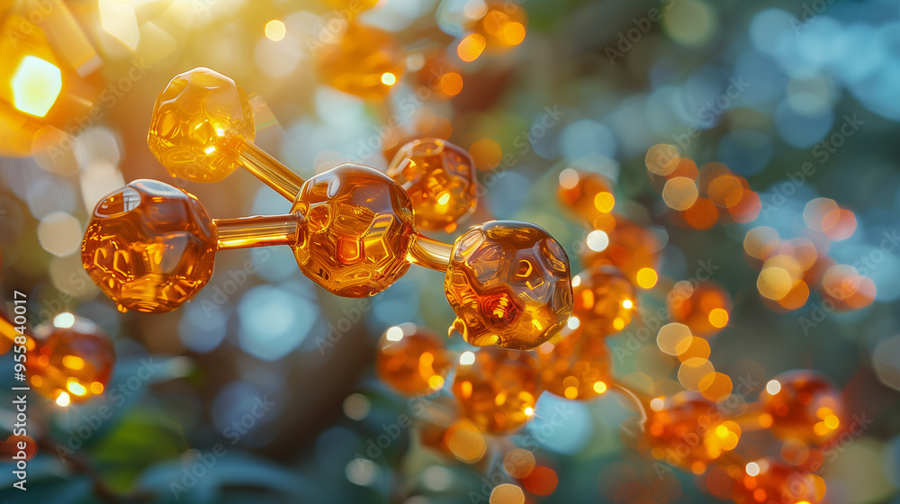 Poster golden molecular structure with hexagonal elements and sunlight
