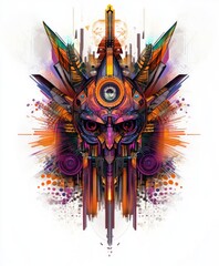 A vibrant, abstract design featuring a stylized skull with colorful geometric elements.