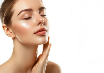 A beautiful woman face with closed eyes and smooth skin on white background