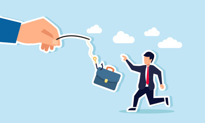 An employee chasing a baited hook with a briefcase, Illustration concept of An entrepreneur racing to secure a desired job or apply for a position