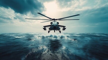 Military Helicopter Flying Over Stormy Sea