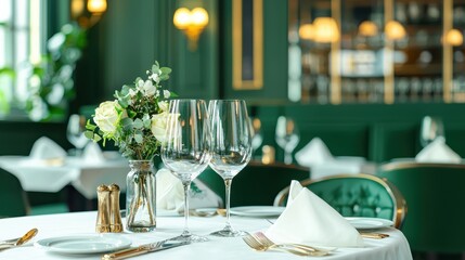 Elegant Dinner Table Setting with White Roses and Wine Glasses