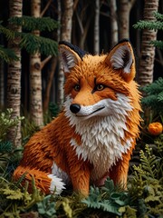 Naklejka premium A Sculpted needlework Fox in a Woodland Setting