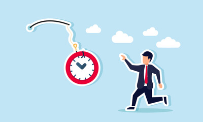 A businessman chasing a fishing rod baited with a clock, Illustration concept of An entrepreneur racing against time to complete their business project