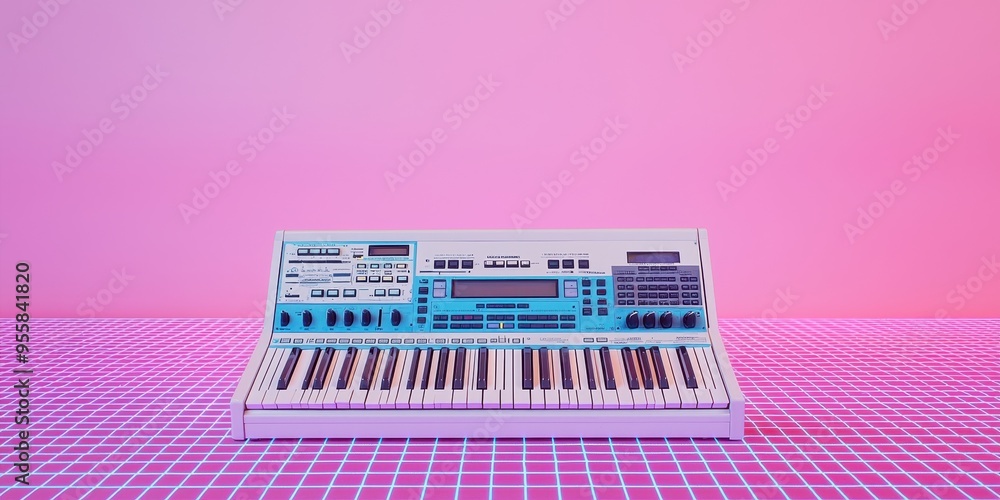 Poster retro synth keyboard on pink grid background