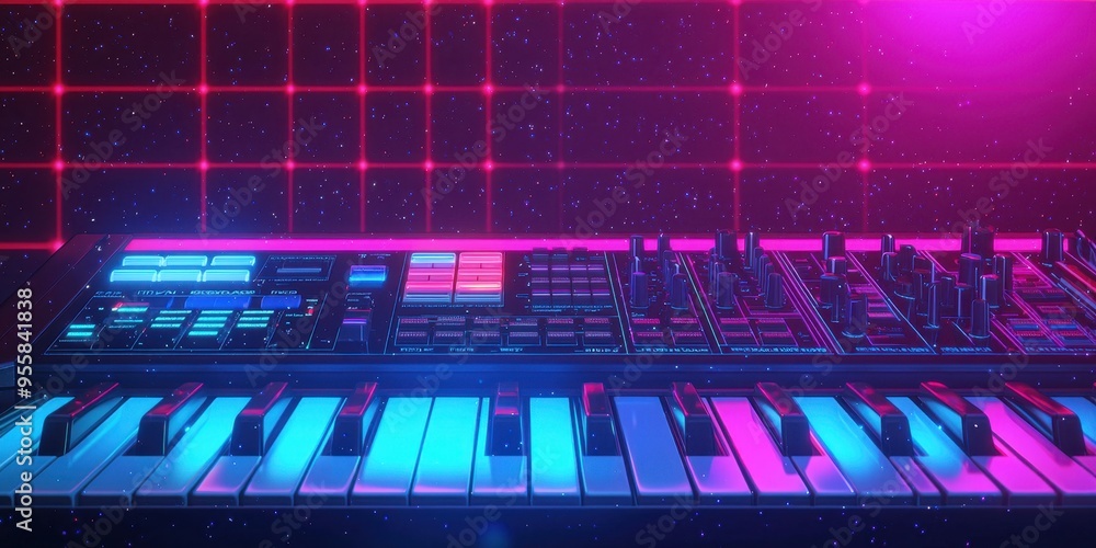 Poster neon synth keyboard music studio s retro synthwave