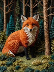 Fototapeta premium A Sculpted needlework Fox in a Woodland Setting