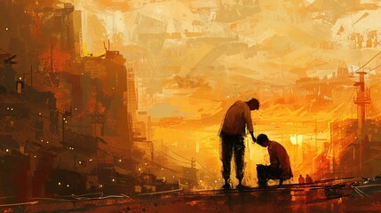 A modern day Good Samaritan helping a person in need cityscape background