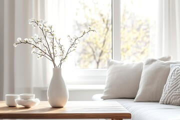 Serene Living Room:  A minimalist living room design featuring a wooden coffee table with a white vase of spring blossoms, soft cushions, and natural light streaming through a large window.