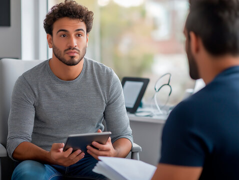 A patient in a doctor's office, listening attentively to the doctor. AI generative