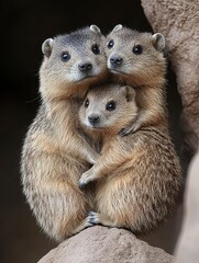 Fototapeta premium Family of Rock Hyrax: A heartwarming portrait of a rock hyrax family, capturing the bond and love between a parent and its young. The image conveys a sense of security and affection.