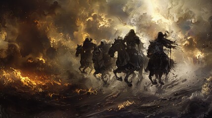 Revelations Four Horsemen riding through a digital landscape apocalyptic feel
