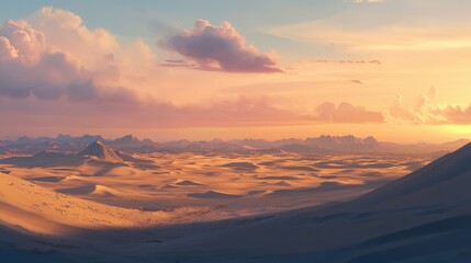 Naklejka premium The expansive desert stretches out under a colorful sky, showcasing rolling dunes and distant mountain silhouettes at dusk
